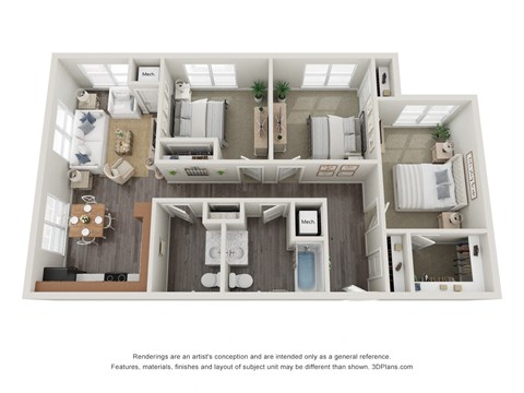 Floor plan for 3 beds, 1.5 baths, 1169 sqft